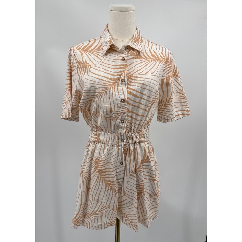 Roxy Palm Print Button Front Short Sleeve Romper Jumpsuit XS Neutral Tan Boho